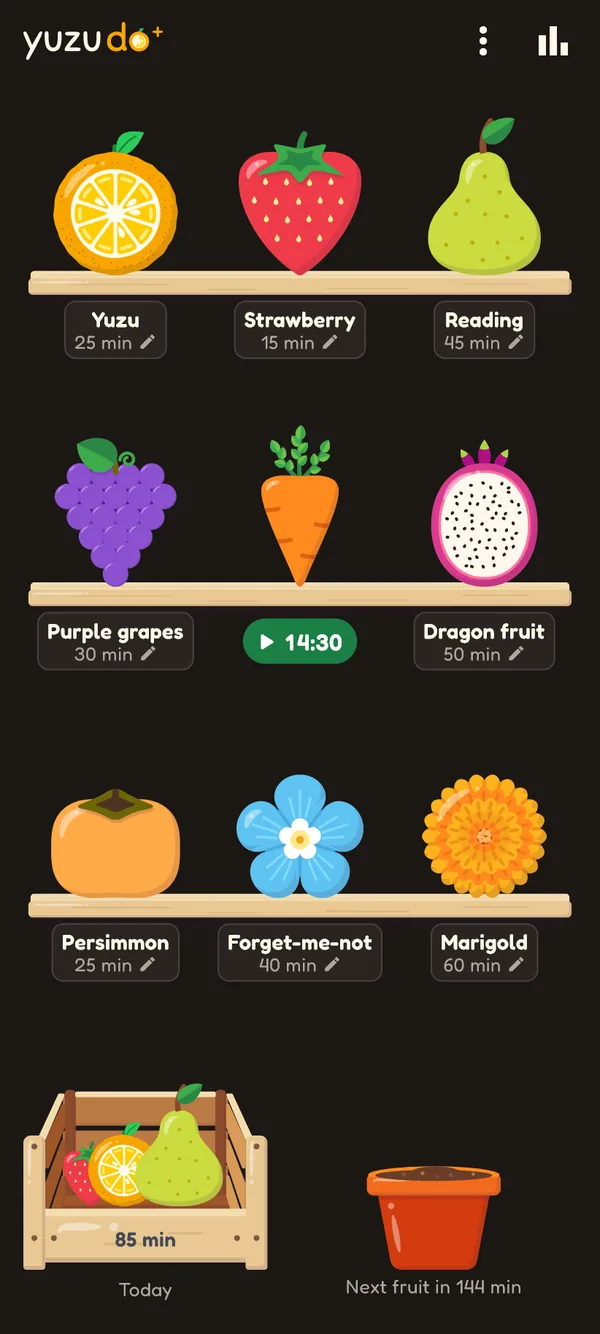 Home screen in dark mode with yuzudo+: nine timers on three shelves, among them grapes, a carrot running at 14:30, a dragon fruit, a persimmon, a forget-me-not and a marigold.